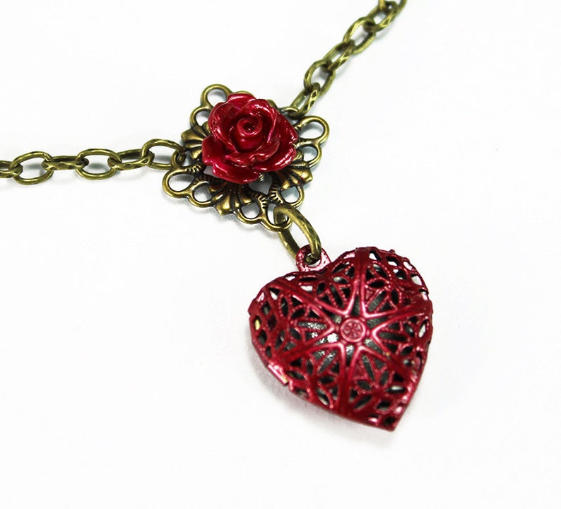 Red Heart Filigree Locket With Red Rose on Filigree Necklace - Etsy