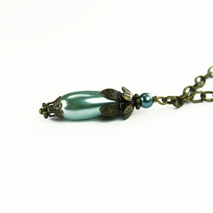 Green Glass Pearl Teardrop Vintage Style Necklace with Antiqued Brass, Gifts for Her