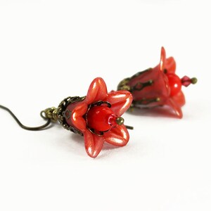 Tomato Orange Hand Dyed Lucite Flower Earrings, Victorian Vintage Style, Antiqued Brass, Swarovski Crystals, Czech Glass image 3