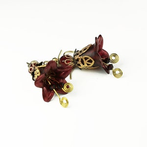 Vintage Style Ruby Lucite Flower Earrings with Gold Filigree & Swarovski Crystals