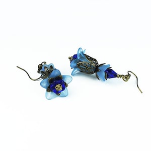 Anina, Vintage Inspired Flower Earrings, Blue Lucite, Crystal & Brass Filigree