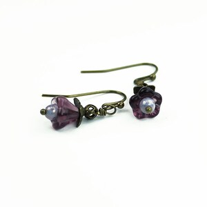 Vintage Style Floral Inspired Earrings, Purple Czech Glass & Antiqued Brass, Gifts for Her