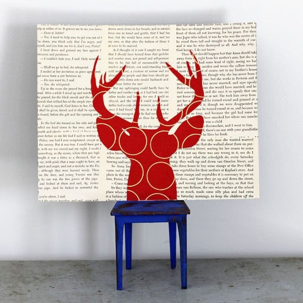 Deer Wall Art on Text, Antler Wall Art, Animal Silhouette, Deer Head Silhouette, Deer Head with Antlers in Red in Vintage Book Pages