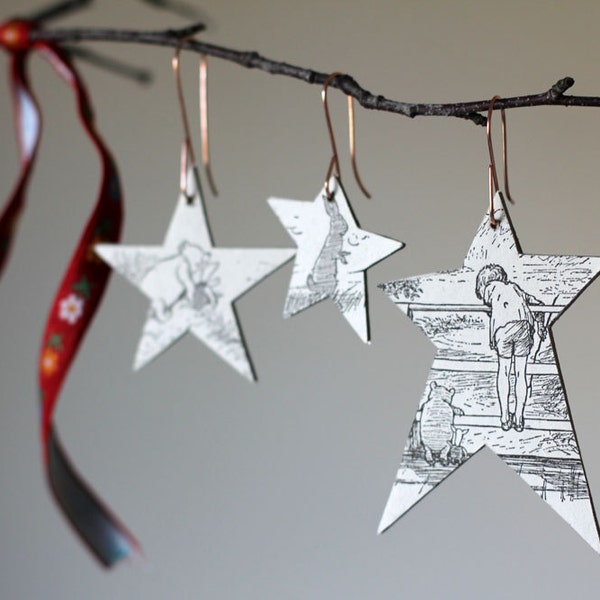 Set of 3 One of a Kind Star Ornaments Made From Vintage Text and Illustrations From The House at Pooh Corner, 1950, Vintage Book Page Decor