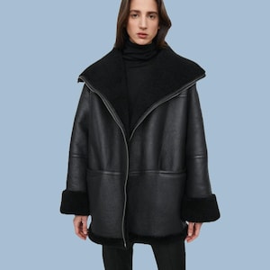 Women&#39;s Real Sheepskin Black Leather B3 RAF Aviator Jacket – Faux Shearling Coat