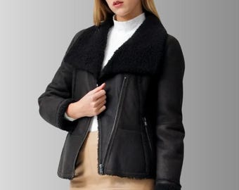 Original Damen Schaffell Lederjacke | Schwarzer Ledermantel Mit Pelz