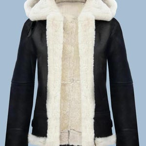 Giacca in pelle con cappuccio originale da donna in pelle di pecora e shearling
