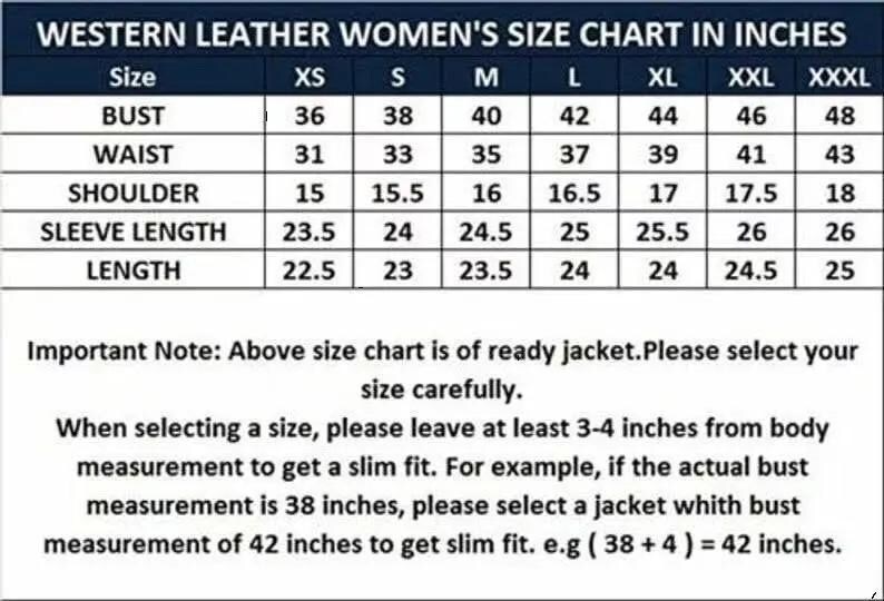 Op de afbeelding: Maattabel voor western leren jassen, met afmetingen in inches. De tabel bevat borst-, taille-, schouder-, mouwlengte- en lengtematen voor de maten XS tot XXXL. De tekst adviseert om de maat zorgvuldig te selecteren.
