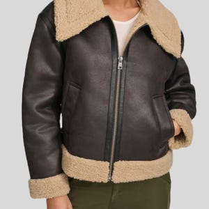 Women&#39;s Real Sheepskin Leather Bomber Jacket| Handmade Faux Fur Shearling Coat