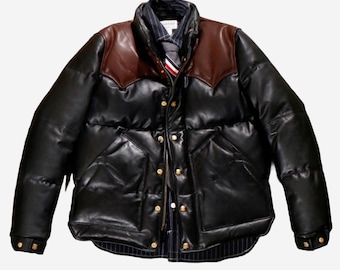 Men's Sheepskin Leather Puffer Jacket: Quilted Black & Brown
