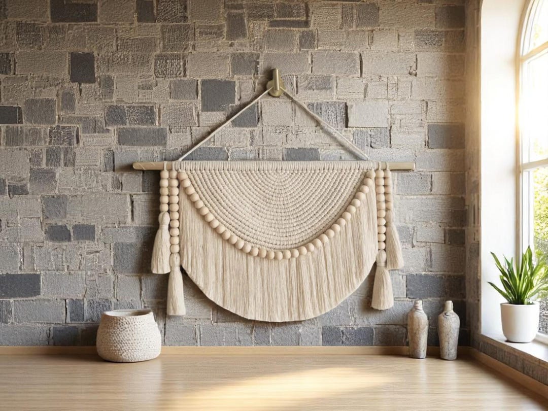Boho Macrame Wall Hanging With Wood Beads & Tassels – Handmade Woven ...