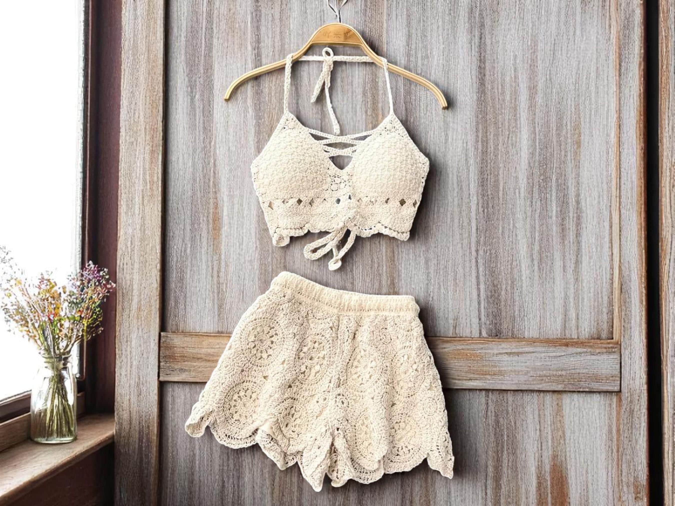 Y2K Knit Two Piece Set for Women – Summer Beach Outfit with Backless Camisole & Elastic Shorts – Boho Vacation Co-ord