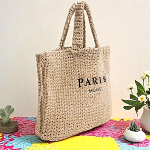 Bolso grande de paja para mujer: divertido bolso de playa tejido con letras de diseño, bolso de verano hecho a mano, bolso de viaje bohemio de gran capacidad.