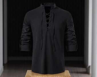 Medieval Cotton Linen Shirt for Men – Renaissance Long Sleeve Tunic with Stand Collar & Drawstring – Viking Pirate Cosplay Shirt