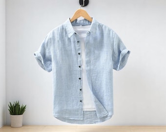 100% Linen Men’s Summer Shirt – Lightweight Vintage Short Sleeve Casual Top, Breathable Cityboy Style 2024 Fashion