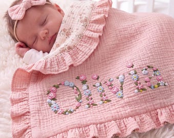 Personalized Ruffle Muslin Baby Blanket with Floral Name, Embroidered Flower Name Baby Blanket, Newborn Cotton Blanket, Baby Shower Gift