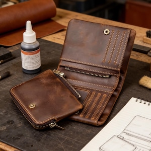 以下が含まれることがあります： 茶色の革製財布。ファスナー付きの小銭入れと複数のカードスロットがあります。財布は開いており、内部のコンパートメントが見えます。革は使い古したような外観で、ステッチが見えます。革染料の小さなボトルが近くにあります。