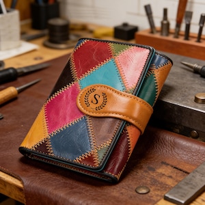 Könnte beinhalten: Eine mehrfarbige Ledergeldbörse mit Patchwork-Design. Die Geldbörse hat einen braunen Lederriemen mit einem dekorativen Emblem und dem Buchstaben "S". Die Geldbörse liegt auf einer Holzoberfläche.