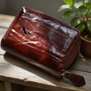 Personalized Small Leather Wallet, Vintage Oil Wax Full Grain Leather,Compact Zipper Wallet, Large Capacity Card Holder,Custom Engraved Gift