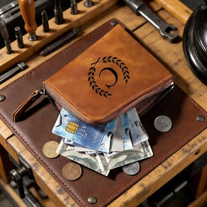 以下が含まれることがあります： クレジットカード、現金、硬貨が入った、ジッパー開閉式の茶色の革製財布。 財布の前面には、文字「C」が付いた黒いリースデザインがあります。 財布は茶色のレザートレイの上にあります。