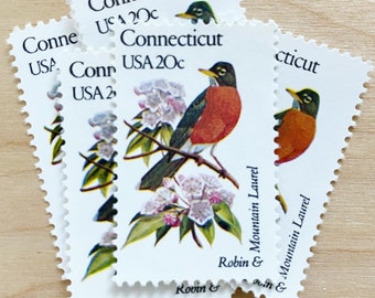 Set of 5 . Connecticut State Bird & Flower . 20cent . Unused Vintage Postage Stamps