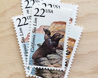 Set of 5 . California Sea Lion . 22 cent . Unused Vintage Postage Stamps