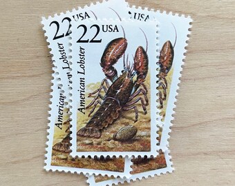 Set of 5 . American Lobster . 22 cent . Unused Vintage Postage Stamps