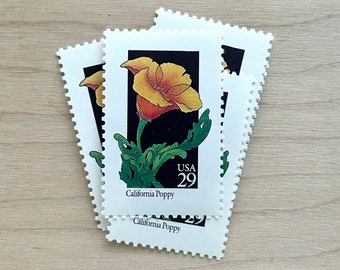 Set of 5 . California Poppy . 29 cent . Unused Vintage Postage Stamps