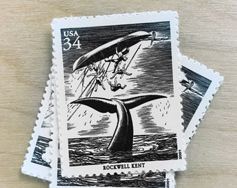 Set of 5 . Whale Illustrations . 34 cent . Unused Vintage Postage Stamps