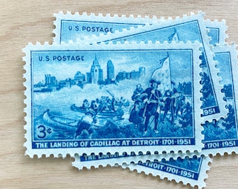 Set of 10 . Landing of Cadillac at Detroit . 3 cent . Unused USPS Vintage Postage Stamps