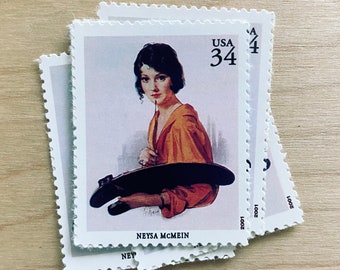 Set of 5 . Lady Illustration . 34 cent . Unused Vintage Postage Stamps