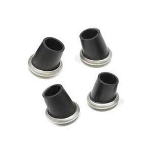 May include: Four black rubber feet with silver metal rims, set against a white backdrop. These angled feet are probably for furniture or small appliances, offering stability and protection.