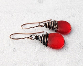 Red Teardrop Earrings - Rustic Antiqued Copper Wire Wrapped Dangles - Handmade Boho Jewelry - Gift For Mom, Aunt, Sister, Friend or Self