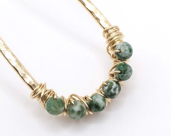 Green Spot Agate Beads on Brass Hair Fork - Choose Your Length