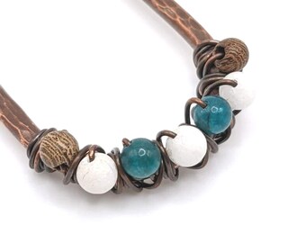 Apatite & Wood Beaded Copper Hair Fork - Choose Your Length