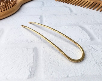 Brass Hair Fork - Hammered Gold Toned Handmade Wire Hair Pin - Updo Bun - Simple Minimal U Pin - Gift For Her
