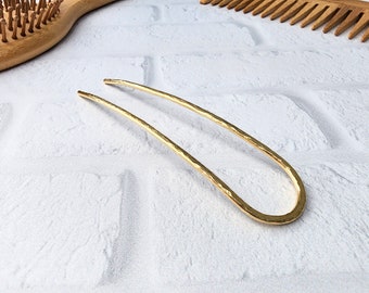 Brass Hair Fork - Hammered Gold Toned Handmade Wire Hair Pin - Updo Bun - Simple Minimal U Pin - Gift For Her