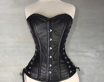 Cinta modeladora feminina reforçada com barbatanas de aço, em couro legítimo, modelo corset para modelar o corpo acima do busto.