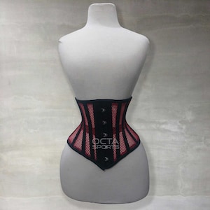 Women’s Heavy-Duty Underbust Waist Trainer Corset Steel Boned Red Mesh Black Strips Cotton Corset for Waist Cinching & Hourglass Shape