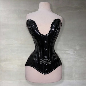 Woman&#39;s Heavy Duty Overbust Waist Trainer Steel Boned Black pvc Corset