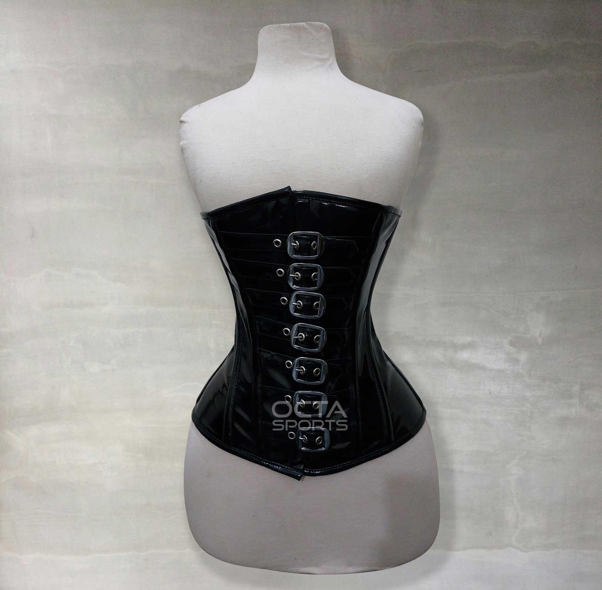 Corsetto Sottoseno Lungo In PVC Nero Con Pannelli Laterali In Rete - Foto 6