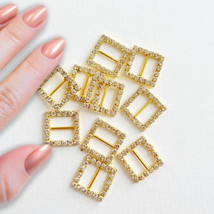 10 boucles carrées strass pour ruban, boucle dorée brillante pour déco faire-part, accessoire scintillant DIY pour cartes et rubans