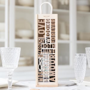 Engraved Wooden Wine Box, Personalized Bottle Holder for Wedding or Anniversary, Custom Wedding Gift for Couple, Wooden Keepsake Box