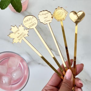 Custom Engraved Gold Acrylic Drink Stirrers: Wedding Cocktail Swizzle Sticks