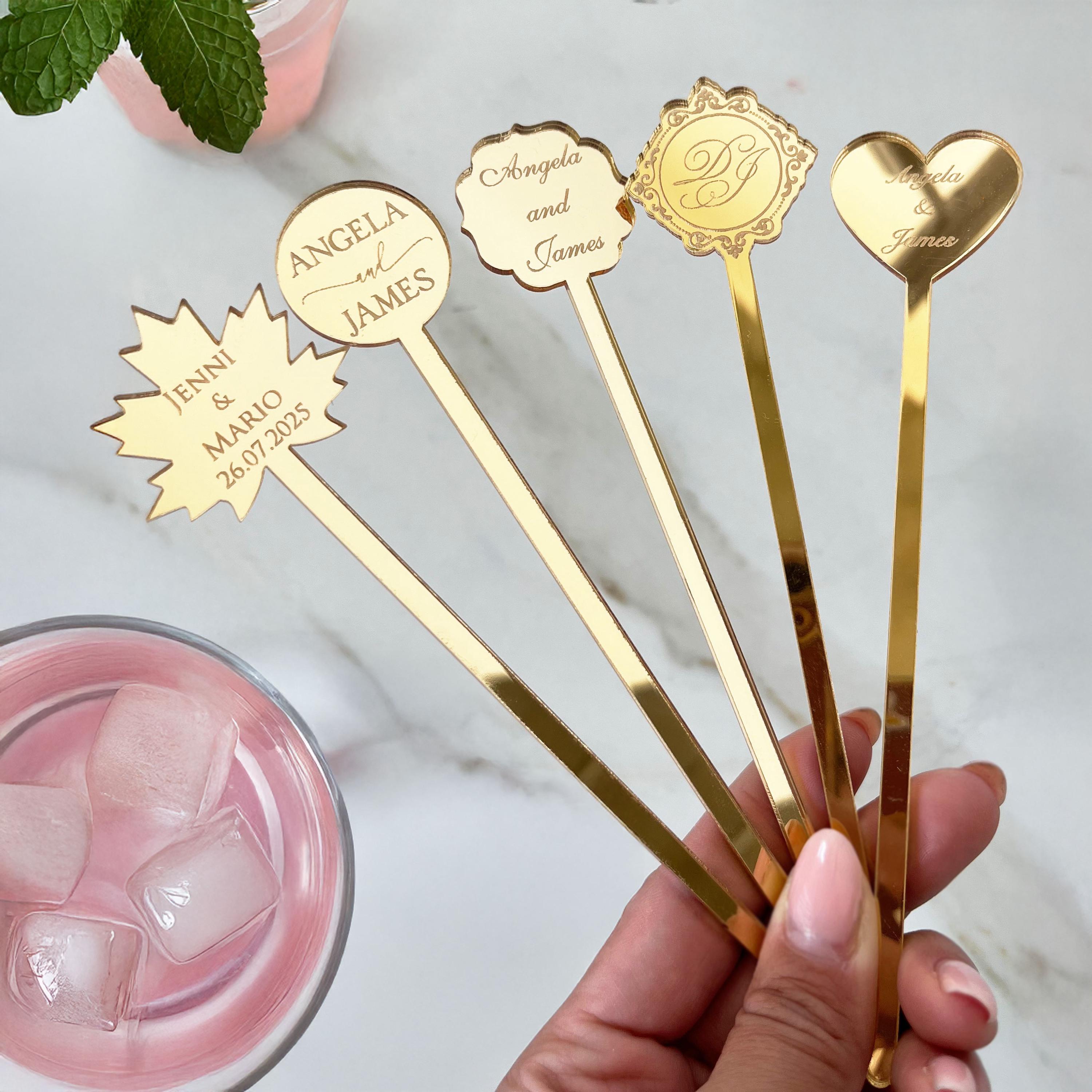 Personalisierter Acryl Rührstab, Spiegel Gold, Graviert mit Logo oder Namen, Hochzeit, Party, Geschenkidee