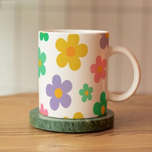 Cute Mug Retro Flower Power Coffee Cup Colorful Floral Gift For Her Groovy Kitchen Decor 70s Style Present For Friends Coworkers