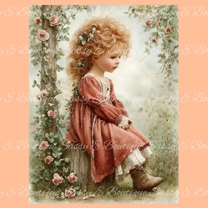 May include: A digital art print of a young girl with curly red hair, wearing a red dress and boots, sitting on a tree trunk. The artwork features a soft, watercolor style with roses and greenery.