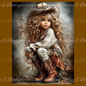 Può includere: Immagine di arte digitale di una giovane persona con cappello da cowboy, maglione e stivali. La persona ha lunghi capelli biondi ricci e occhi blu. L'immagine ha uno stile morbido e pittorico con una tavolozza di colori marrone e grigio.