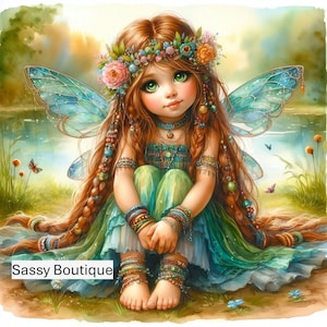 hada, verde, niña, boho, boho, cabello rojo, castaño rojizo, digital, impresión, diario basura, tarjeta, imágenes prediseñadas, elfo, niño