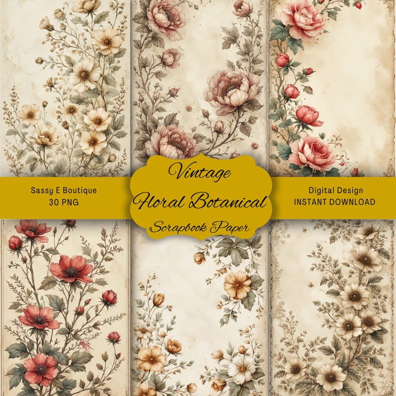 Vintage Floral Botanical: 30 PNG, Scrapbook Paper - Etsy
